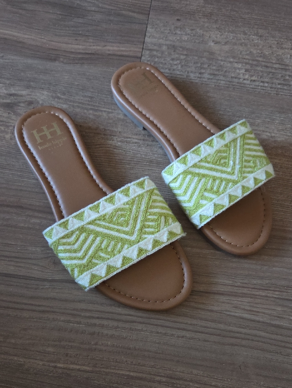 Haute Hippie Green Embroidered Slide Sandals by